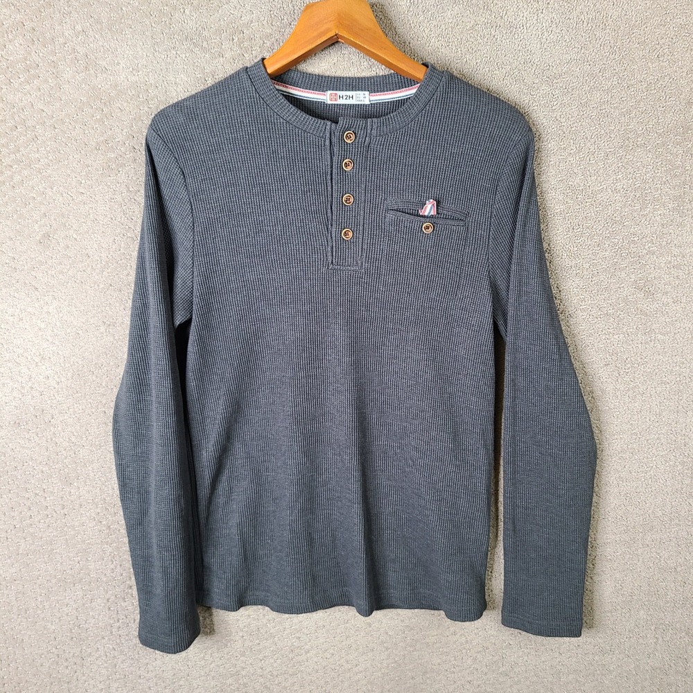 H2H Shirt Mens Medium Henley Long Sleeve Waffle Knit Charcoal Pocket Cotton